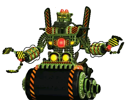 a green robot with yellow and black stripes and a red light on its head