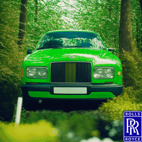 A Green Rolls Royce Car Is Parked In The Middle Of A Forest GIF