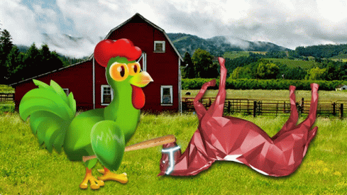 A Green Rooster Is Standing Next To A Dead Animal In A Field GIF