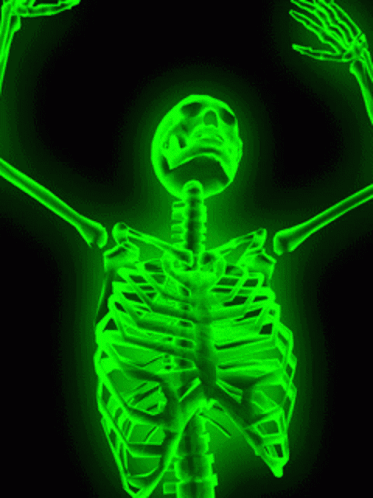 A Green Skeleton With Its Arms Outstretched Against A Black Background GIF