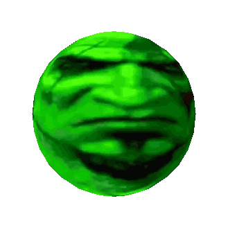 a green sphere with a face on it is on a white background