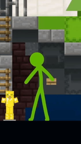 A Green Stick Figure Standing Next To A Yellow Statue In A Video Game GIF