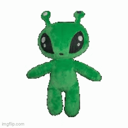 A Green Stuffed Alien With Antennas And Big Eyes GIF