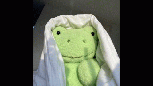 A Green Stuffed Frog Is Hiding Under A White Blanket . GIF