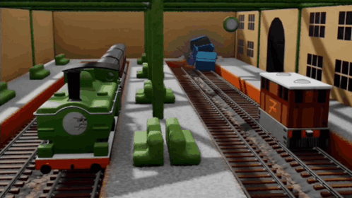 A Green Train With The Number 7 On The Front GIF