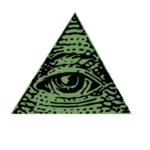 a green triangle with a black eye in the middle