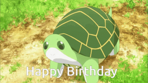 a green turtle with the words " happy birthday " written below it