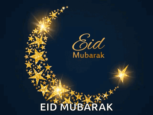 A Greeting Card For Eid Mubarak With A Crescent Moon Surrounded By Gold Stars GIF