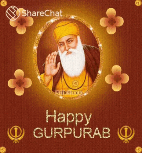 A Greeting Card For Happy Gurpurab With A Picture Of A Man With A Beard And Flowers . GIF