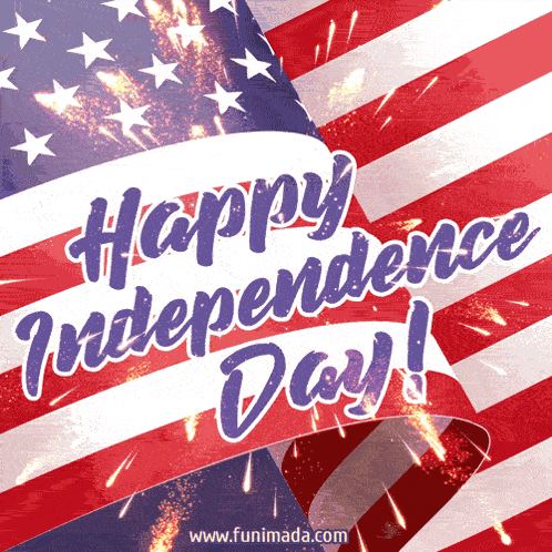 a greeting card for independence day with an american flag in the background