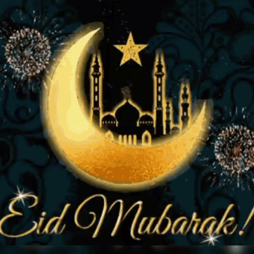 A Greeting Card That Says Eid Mubarak With A Crescent Moon And Fireworks GIF