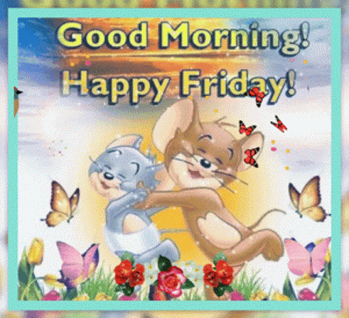 A Greeting Card That Says Good Morning Happy Friday With Two Cats Hugging Each Other GIF