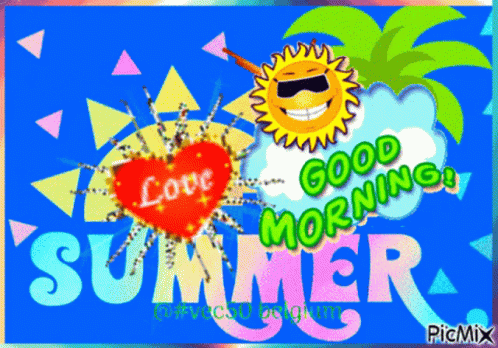 A Greeting Card That Says Good Morning Summer With A Sun And Palm Tree GIF
