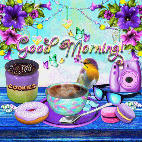 A Greeting Card That Says " Good Morning " With A Cup Of Coffee GIF