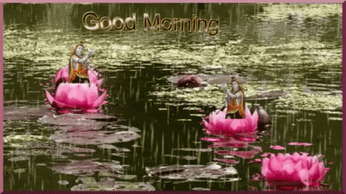 A Greeting Card That Says Good Morning With A Picture Of A Statue In A Pond GIF
