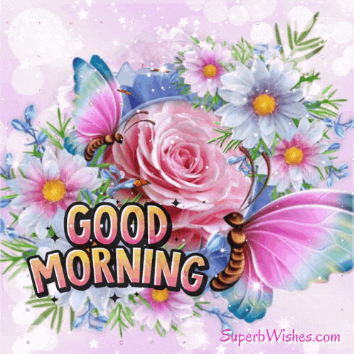 A Greeting Card That Says Good Morning With Pink Roses And Butterflies GIF