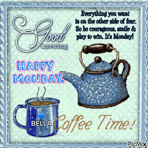 A Greeting Card That Says Happy Monday With A Cup Of Coffee And A Teapot GIF