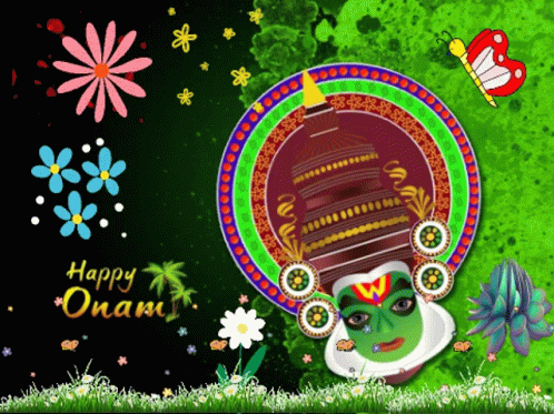 a greeting card that says happy onam with flowers and a butterfly