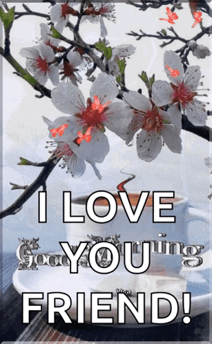 A Greeting Card That Says I Love You Friend With Flowers And A Cup Of Coffee GIF