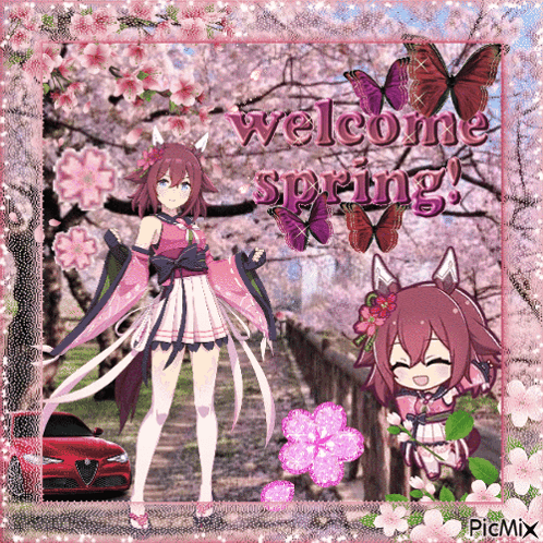 a greeting card that says welcome spring with a girl and flowers