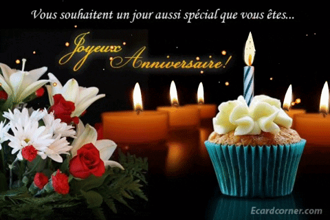 A Greeting Card With A Cupcake And Candles Says Joyeux Anniversaire GIF