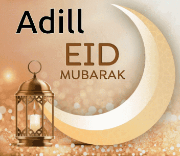 a greeting card with a lantern and a crescent moon says adill eid mubarak
