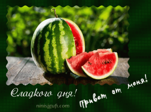 A Greeting Card With A Watermelon And A Slice Of Watermelon On A Green Background GIF