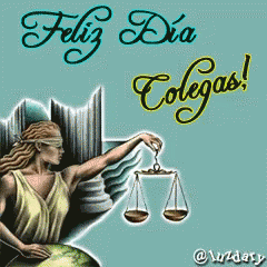 A Greeting Card With Lady Justice Holding Scales And The Words " Feliz Dia Colegas " GIF