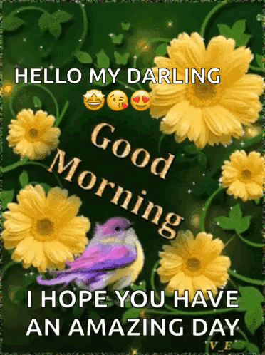 A Greeting Card With Yellow Flowers And A Bird That Says Hello My Darling Good Morning I Hope You Have An Amazing Day GIF
