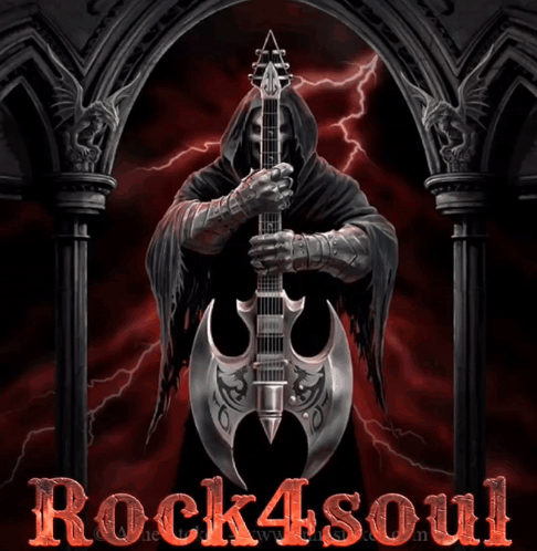 A Grim Reaper Holding A Guitar And An Axe With The Words Rock4soul Written In Red GIF