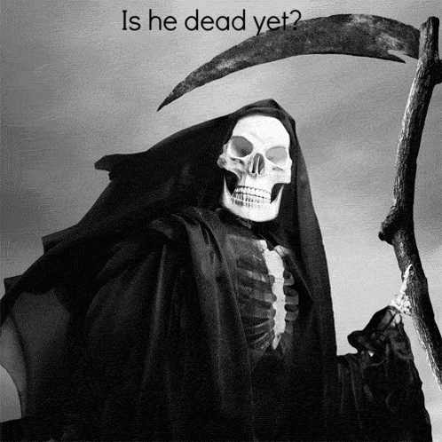 a grim reaper holding a scythe with the words " is he dead yet " written below him