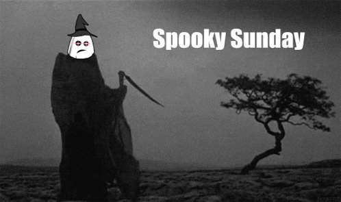 A Grim Reaper Holding A Scythe With The Words Spooky Sunday Behind Him GIF