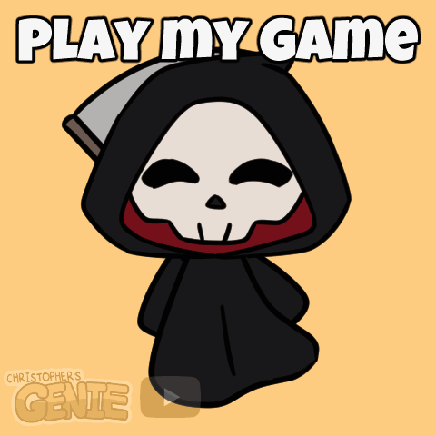 A Grim Reaper Is Holding A Scythe And The Words Play My Game Are Above Him GIF