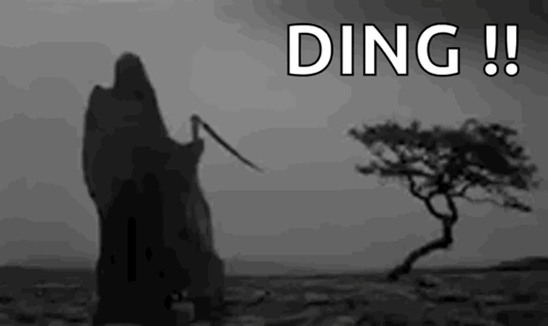 a grim reaper is standing in the middle of a desert holding a scythe and a tree .