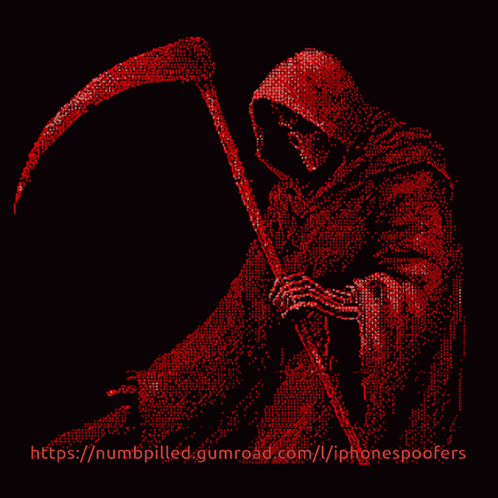 A Grim Reaper With A Scythe Is Displayed In Red Dots GIF