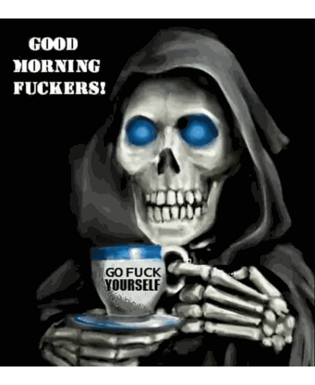 a grim reaper with blue eyes is holding a cup of coffee that says " go fuck yourself "