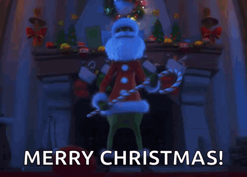 A Grinch Is Holding A Candy Cane In Front Of A Fireplace And Says Merry Christmas . GIF