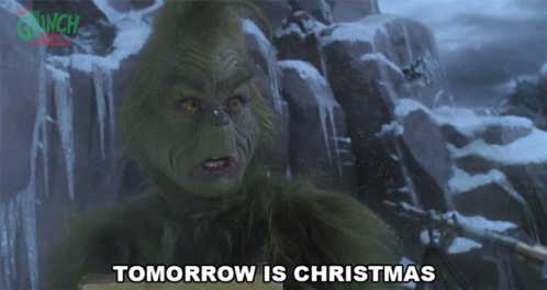A Grinch Says Tomorrow Is Christmas In Front Of A Snowy Mountain GIF