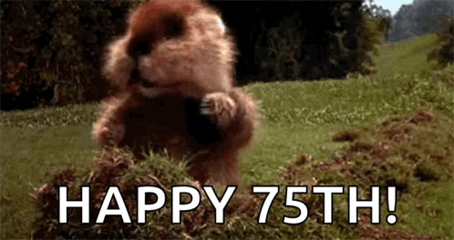 A Groundhog Is Standing On Its Hind Legs In The Grass And Says `` Happy 75Th '' . GIF