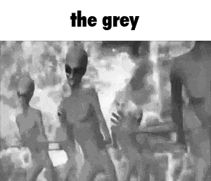 A Group Of Aliens Are Dancing In A Black And White Photo With The Words `` The Grey '' Above Them . GIF