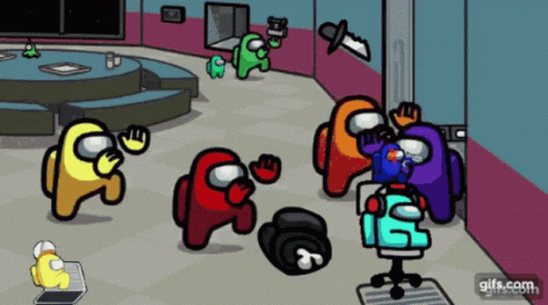 A Group Of Among Us Characters Are Playing A Game In A Room GIF