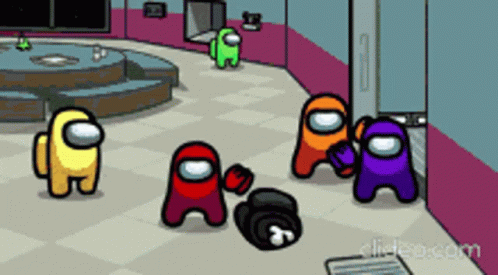 A Group Of Among Us Characters Are Standing Around A Dead Body . GIF