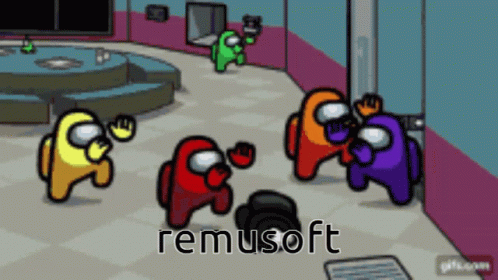 A Group Of Among Us Characters Are Standing In A Room With The Word Remusoft On The Bottom Right GIF