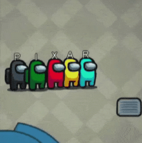 A Group Of Among Us Characters Standing Next To Each Other With Pixar Written On Their Faces GIF