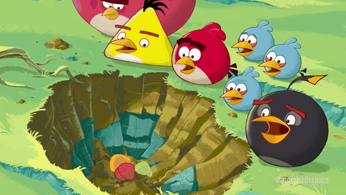 A Group Of Angry Birds Standing Around A Hole GIF
