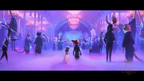 A Group Of Animals Are Dancing In A Ballroom With Purple Lights . GIF
