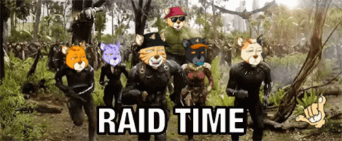 A Group Of Animals Are Running Through A Forest With The Words Raid Time Written On The Bottom GIF