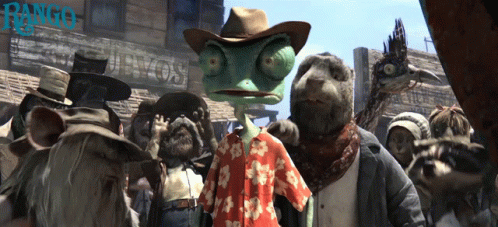 A Group Of Animals Are Standing In Front Of A Sign That Says Rango GIF