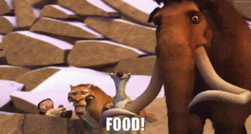 A Group Of Animals Are Standing Next To Each Other And One Of Them Says Food ! GIF