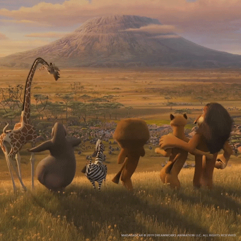 A Group Of Animals From The Movie Madagascar Are Standing In A Field With A Mountain In The Background GIF